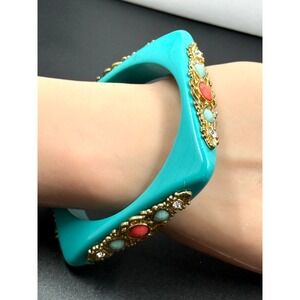Vintage Turquoise Lucite Acrylic Square Bangle Bracelet Rhinestones Stackable